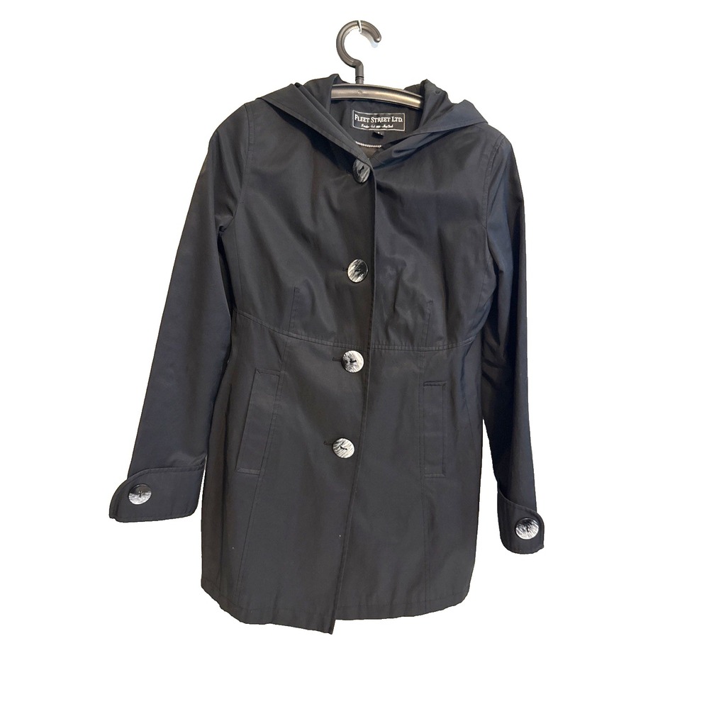 Fleet Street Ltd Black Hooded Trench Coat Jacket S Button Lightweight Pockets